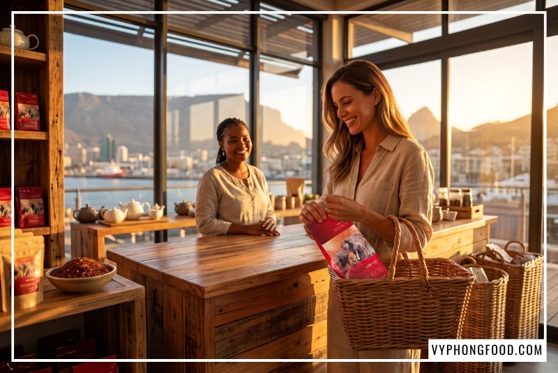 Khách hàng chọn mua Hồng trà Rooibos African Dawn thuộc các loại trà thảo dược tốt cho sức khỏe tại cửa hàng Cape Town.