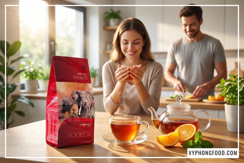 Mẹ trẻ thưởng thức ly hồng trà rooibos thuộc các loại trà thảo dược tốt cho sức khỏe vào buổi sáng cùng gia đình.