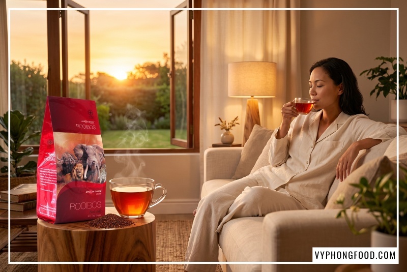 Nhân viên công sở thư giãn buổi tối bên ly hồng trà rooibos thuộc các loại trà thảo dược tốt cho sức khỏe không caffeine.