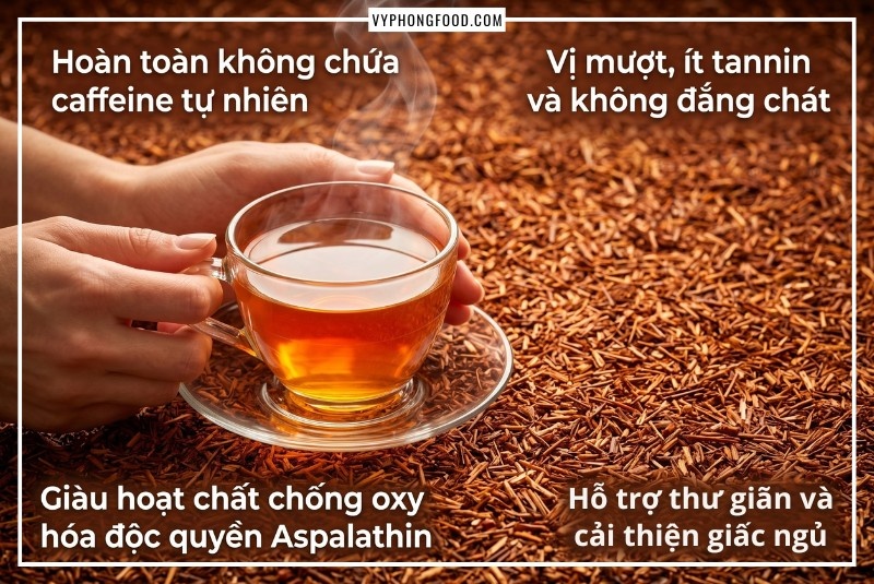 Tách trà nóng nổi bật trên nền lá trà khô minh họa đặc tính các loại trà thảo dược tốt cho sức khỏe không caffeine.