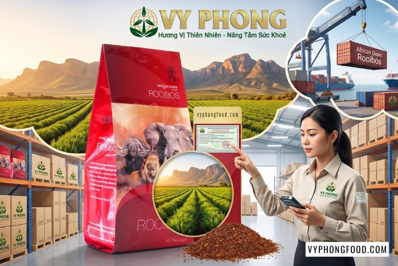 Nhân viên Vy Phong Food kiểm tra tem chính ngạch gói trà Rooibos đại diện các loại trà thảo dược tốt cho sức khỏe.