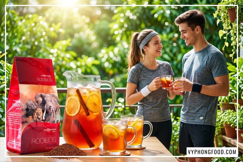 Đôi bạn trẻ thưởng thức cold brew hồng trà rooibos đại diện các loại trà thảo dược tốt cho sức khỏe ngoài sân vườn.