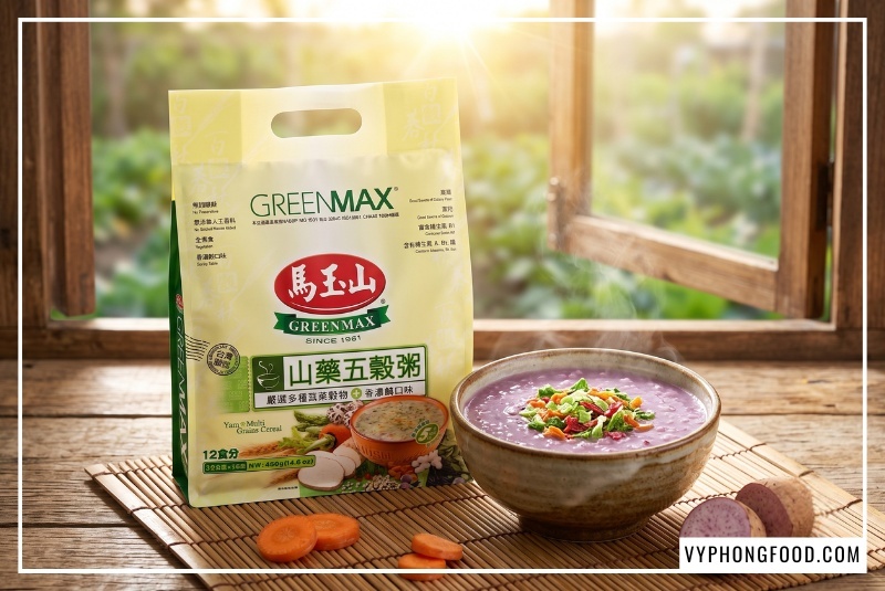 Cháo ngũ cốc dinh dưỡng từ khoai mỡ và các loại hạt Greenmax Đài Loan sánh mịn, hỗ trợ cải thiện tiêu hóa người cao tuổi. Bí quyết tìm mua ngũ cốc đài loan chính hãng mua ở đâu chuẩn y tế tại TPHCM.
