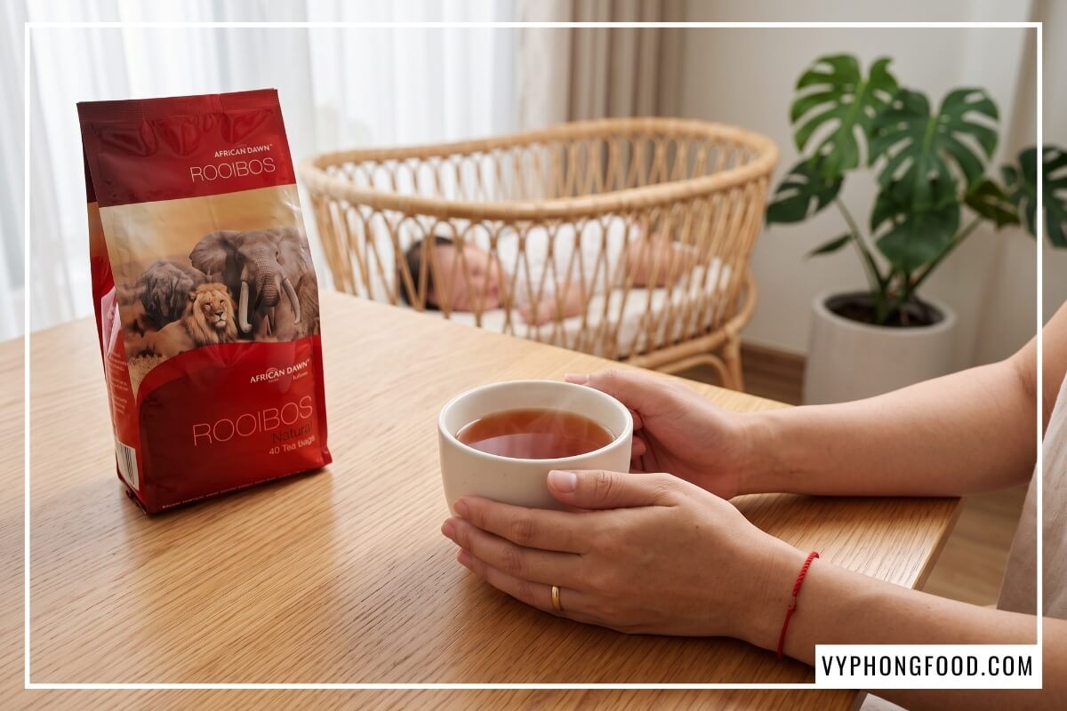 Mẹ trẻ thưởng thức trà rooibos Nam Phi túi lọc cho phụ nữ cho con bú bên nôi em bé.