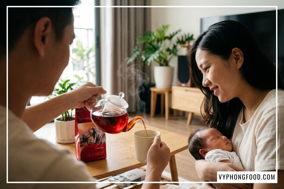 Người chồng rót trà rooibos Nam Phi túi lọc cho phụ nữ cho con bú bế con nhỏ.