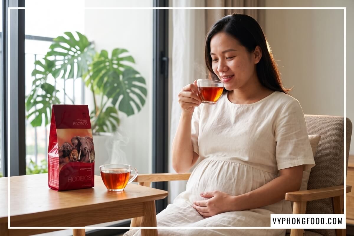 Mẹ bầu uống trà rooibos được không bên bàn gỗ sồi và tách trà đỏ ấm buổi sáng.