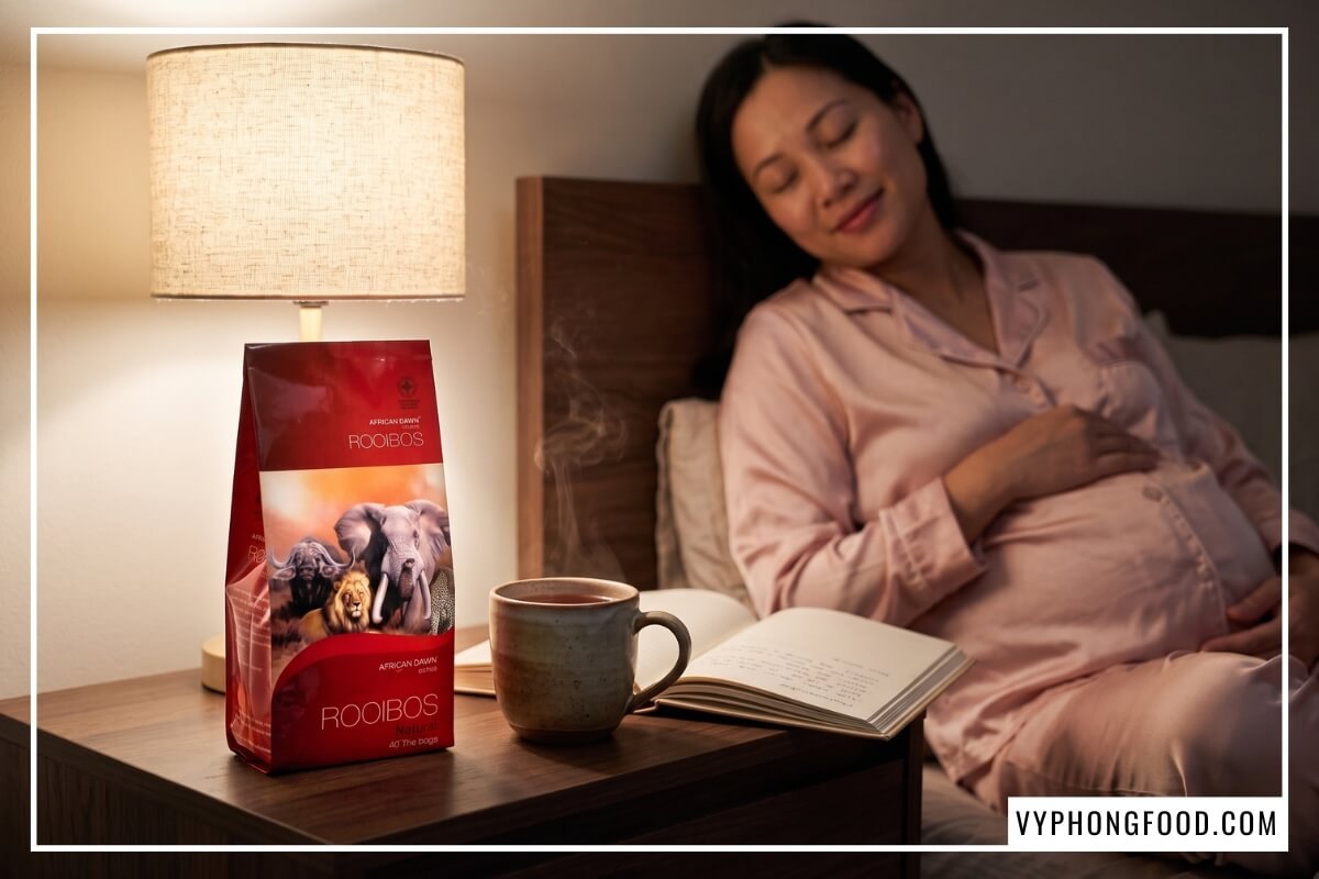 Mẹ bầu uống trà rooibos thư giãn bên tách trà gốm mộc và hộp trà trên bàn đầu giường