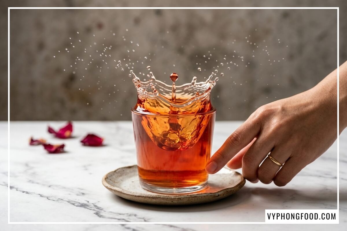 Giọt hồng trà rooibos Nam Phi màu đỏ hổ phách rơi tạo sóng nước trên mặt đá trắng