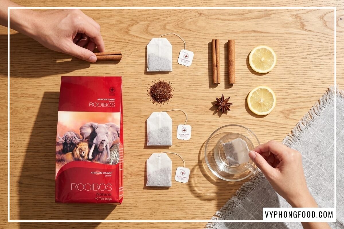 Gói trà rooibos Nam Phi thương hiệu African Dawn đặt cạnh túi lọc vuông quế thanh và lát chanh vàng tươi.