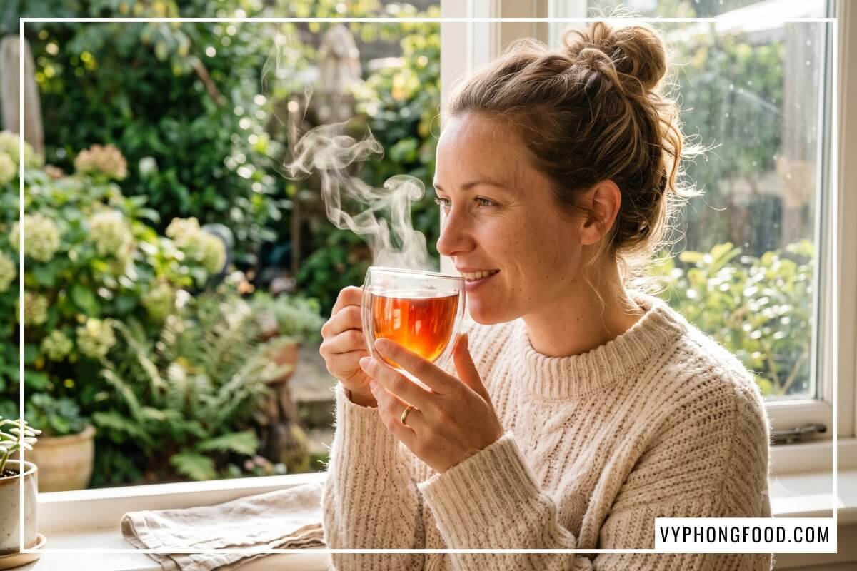 Ly hồng trà rooibos túi lọc hai lớp bốc khói nhẹ đón ánh nắng sớm bên cửa sổ