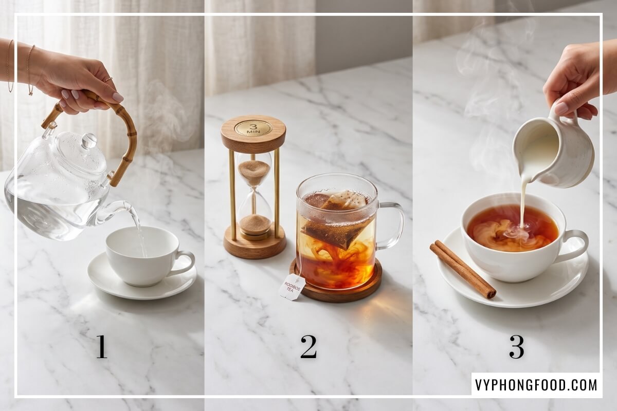 Ba bước hướng dẫn pha trà rooibos túi lọc đúng cách trên bàn đá cẩm thạch trắng.