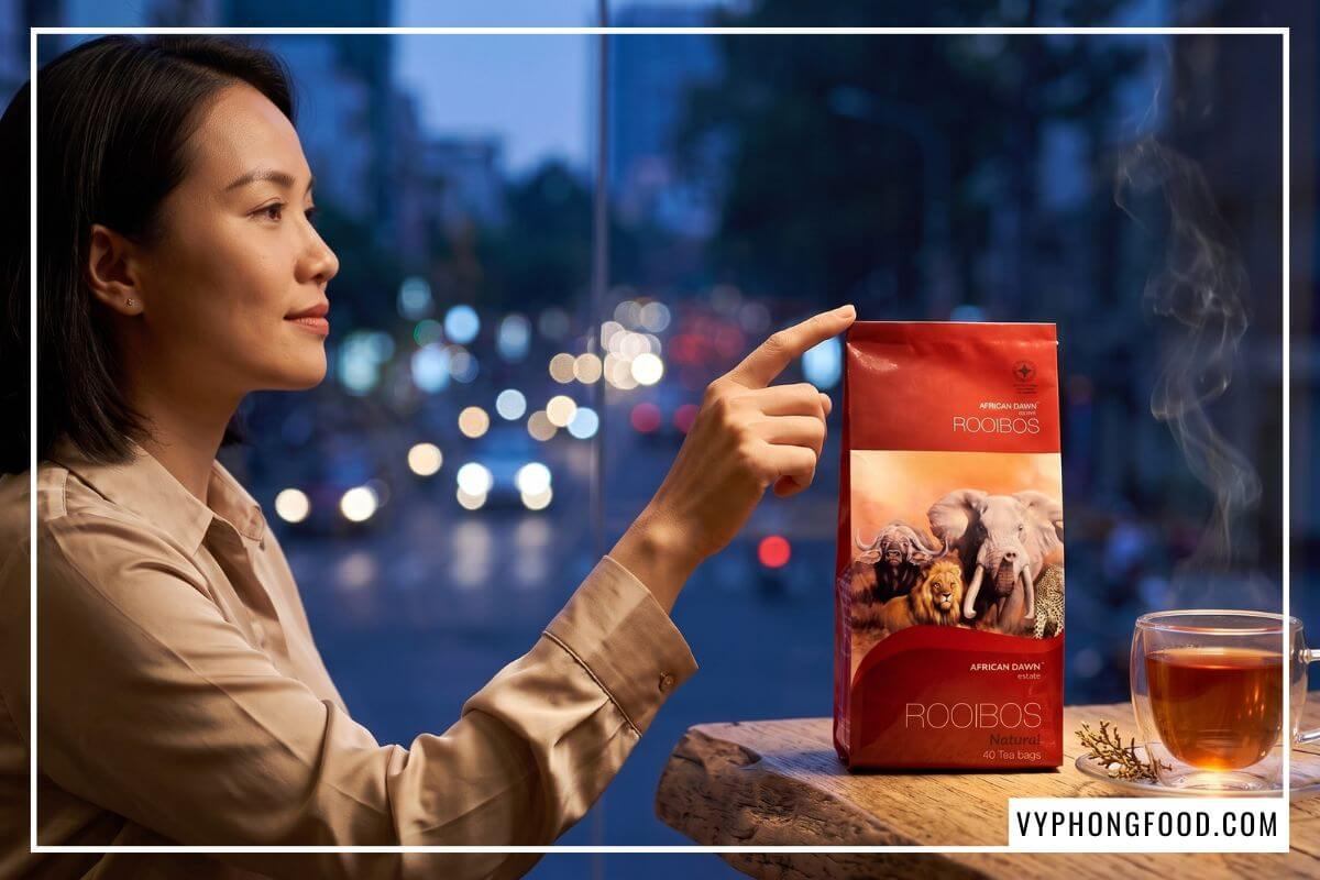 Gói hồng trà rooibos đỏ đất trên bàn gỗ sồi bên tách trà ấm tại cửa hàng bán trà thảo mộc