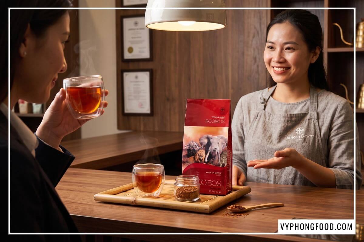 Khách nâng ly hồng trà rooibos Nam Phi màu hổ phách ngửi hương mộc dịu lành tại quầy thử trà chuyên biệt