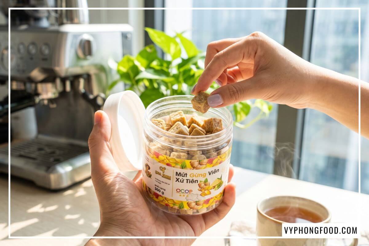 Tám hạt mứt gừng viên vuông vức màu nâu sáng nằm gọn giữa lòng chiếc đĩa sứ trắng tinh khiết.