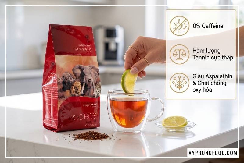 Pha ly trà rooibos màu hổ phách mượt mà không caffeine giúp phát huy tối đa công dụng của trà thảo mộc dễ ngủ.