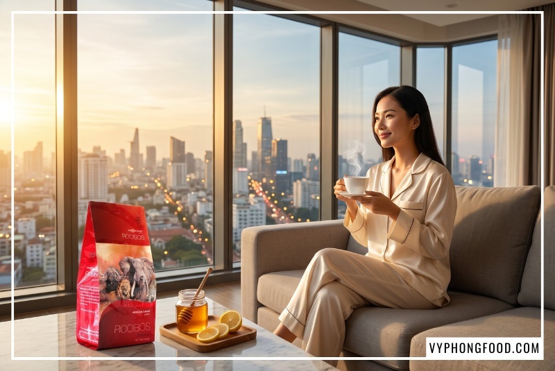 Người phụ nữ nhâm nhi tách trà rooibos ấm áp tại phòng khách để cảm nhận công dụng của trà thảo mộc giảm căng thẳng.
