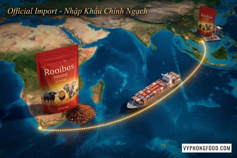 Hình ảnh hộp hồng trà rooibos Nam Phi túi lọc thương hiệu African Dawn nhập khẩu chính ngạch. Bài viết giải đáp thắc mắc trà rooibos mua ở đâu uy tín và hướng dẫn cách phân biệt trà thảo mộc tốt cho sức khỏe chính hãng do Vy Phong Food phân phối độc quyền tại Việt Nam.