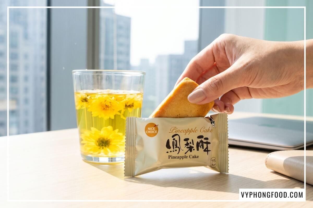 Bàn tay mở gói bánh dứa mini Đài Loan 115 kcal cạnh ly trà hoa cúc trên bàn làm việc.