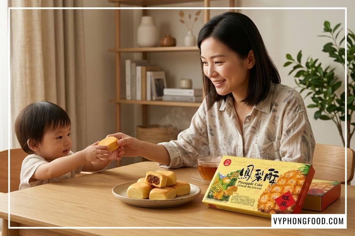 Mẹ trao bánh dứa từ hộp bánh dứa Đài Loan Nice Choice cho con nhỏ trên bàn ăn ấm cúng.