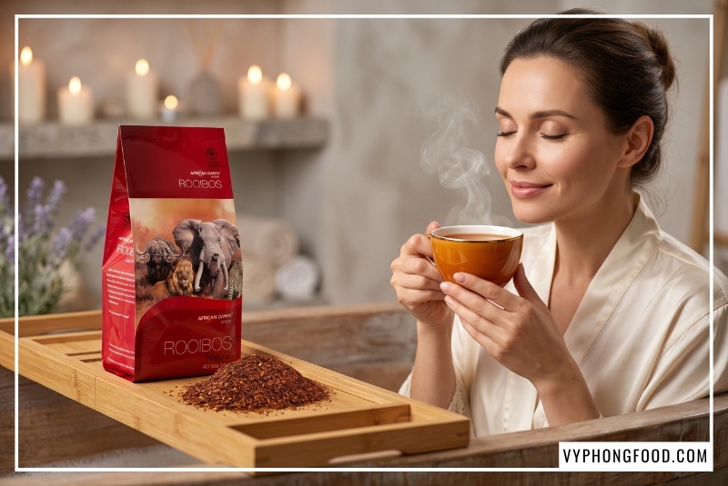 Người phụ nữ mỉm cười thư giãn bên ly trà rooibos thơm ngon pha từ nguyên liệu làm trà thảo mộc lành tính.