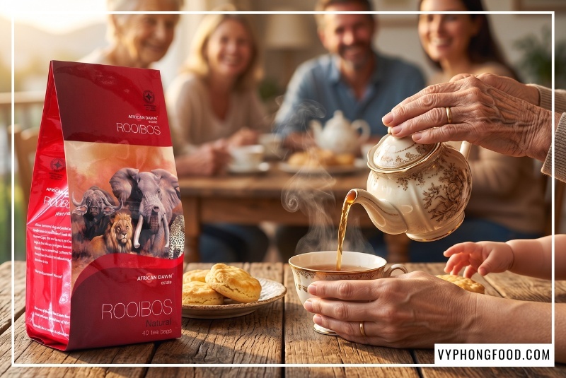Gia đình ba thế hệ cùng thưởng thức tách trà rooibos ấm áp từ nguyên liệu làm trà thảo mộc Nam Phi an toàn.