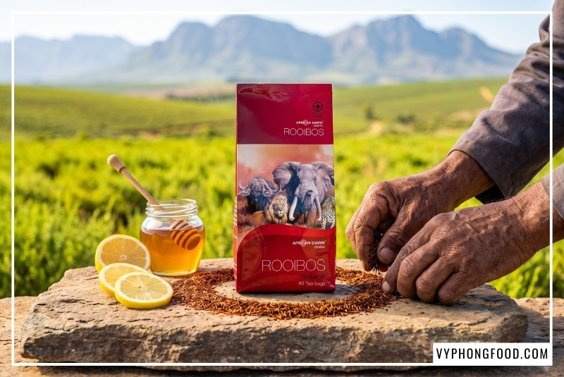 Bàn tay chuyên gia bên gói trà African Dawn xếp cùng nguyên liệu làm trà thảo mộc trên nền đồng quê Nam Phi.