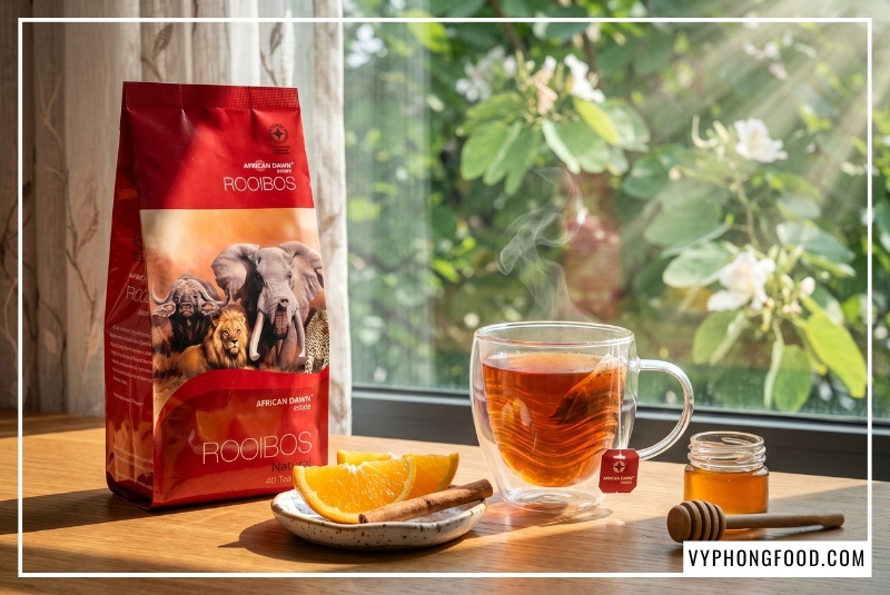 Nhà cung cấp trà rooibos Vy Phong Food mang đến gói trà African Dawn bên ly hồng trà đỏ hổ phách thơm ngon cho gia đình Việt