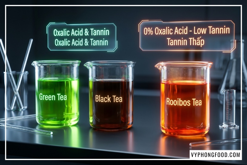 Biểu đồ phân tích hồ sơ hóa sinh của trà rooibos Nam Phi thương hiệu African Dawn cho thấy 0% oxalic acid và lượng tannin cực thấp, giúp ngăn ngừa sỏi thận oxalat canxi và không cản trở quá trình hấp thụ sắt, khẳng định đây là loại trà thảo mộc tốt cho sức khỏe.