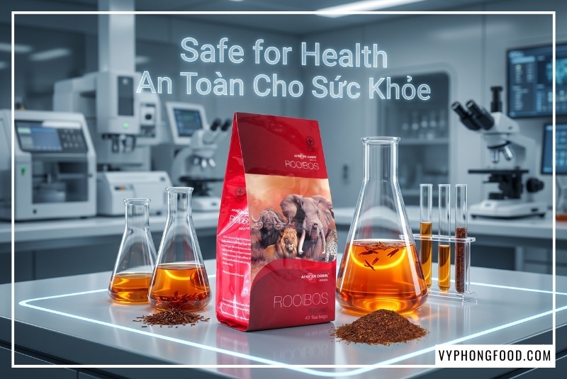 Biểu đồ phân tích hồ sơ hóa sinh của trà rooibos Nam Phi thương hiệu African Dawn cho thấy 0% oxalic acid và lượng tannin cực thấp, giúp ngăn ngừa sỏi thận oxalat canxi và không cản trở quá trình hấp thụ sắt, khẳng định đây là loại trà thảo mộc tốt cho sức khỏe.