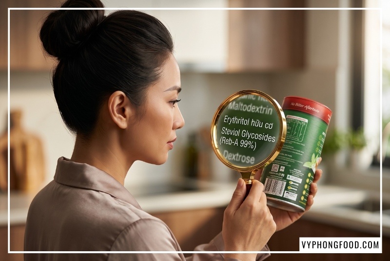 Người phụ nữ dùng kính lúp kiểm tra kỹ bảng thành phần dinh dưỡng trên bao bì để biết nên dùng đường ăn kiêng nào tốt và tìm mua đường cỏ ngọt stevia ở đâu chính hãng.