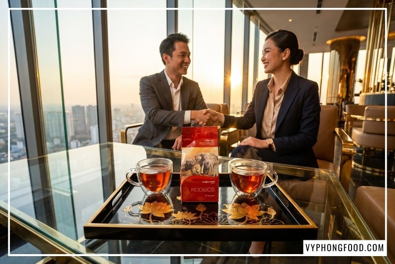 Gói bao bì hồng trà Nam Phi African Dawn đặt trên khay sơn mài sen vàng sang trọng cạnh hai tách trà túi lọc rooibos sỉ cho quán màu đỏ hổ phách trong buổi ký kết hợp đồng thành công của hai doanh nhân tại quán cafe lounge cao cấp.