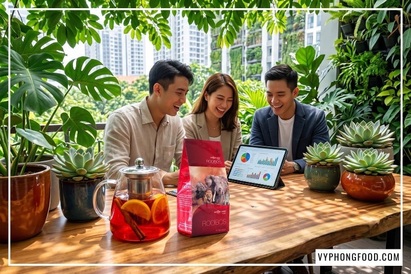 Bình thủy tinh chứa hồng trà Rooibos African Dawn pha cùng cam quế rực rỡ và gói trà túi lọc rooibos sỉ cho quán đặt trên bàn gỗ me tây nguyên khối tại không gian quán cafe kiến trúc nhiệt đới xanh hiện đại đô thị.