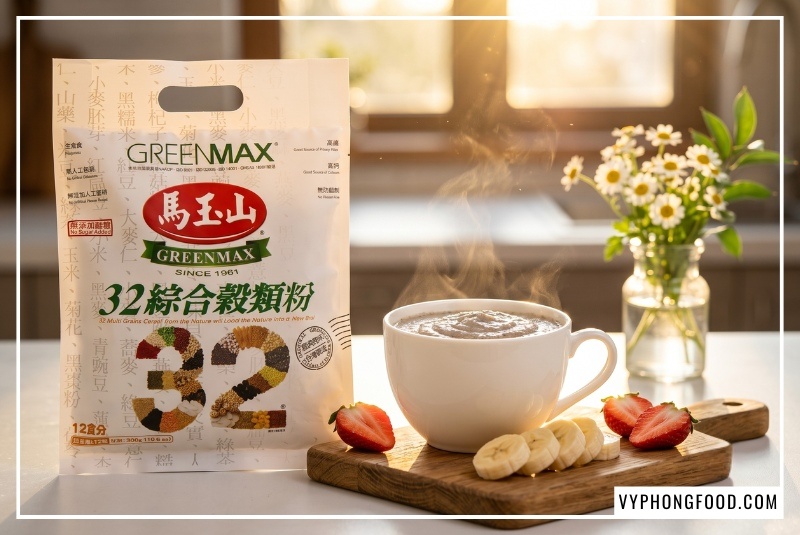 Một tách bột ngũ cốc dinh dưỡng không đường Greenmax Đài Loan bốc khói nhẹ ấm áp đặt cạnh túi sản phẩm chính gốc tại góc bếp ngập tràn ánh nắng bình minh, kèm thớt gỗ có dâu tây đỏ mọng và chuối chín vàng, tối ưu cho tìm kiếm các loại ngũ cốc tốt cho sức khỏe làm bữa sáng ăn kiêng tiện lợi.