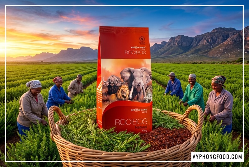 Bao bì hồng trà Rooibos African Dawn Nam Phi đặt giữa cánh đồng trà bạt ngàn, cung cấp nguồn trà rooibos lá rời giá sỉ chính ngạch, tự nhiên, hoàn toàn không chứa caffeine cho các đại lý và quán cà phê toàn quốc.