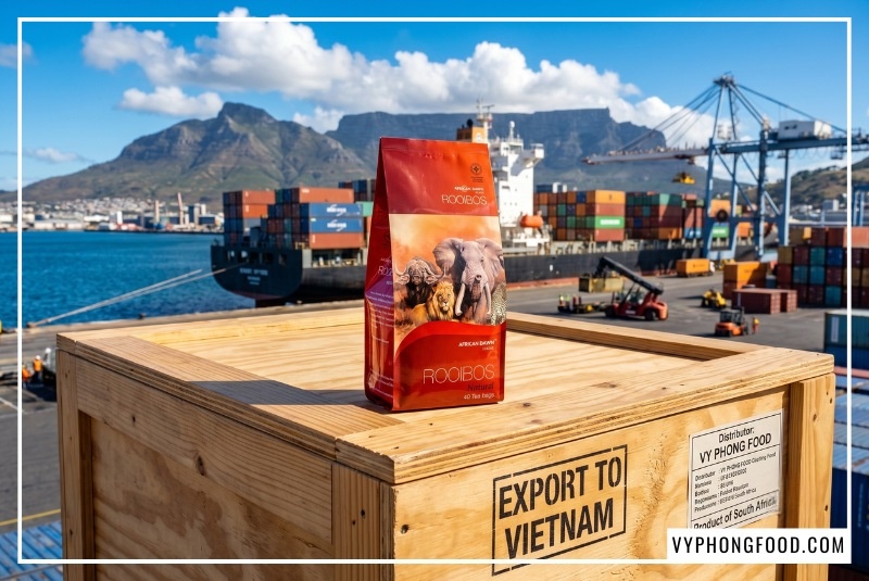 Thùng hàng xuất khẩu chứa bao bì hồng trà African Dawn tại cảng biển Cape Town, chứng minh nguồn trà rooibos lá rời giá sỉ nhập khẩu chính ngạch, có tem nhãn đối tác Vy Phong Food phân phối uy tín tại Việt Nam.