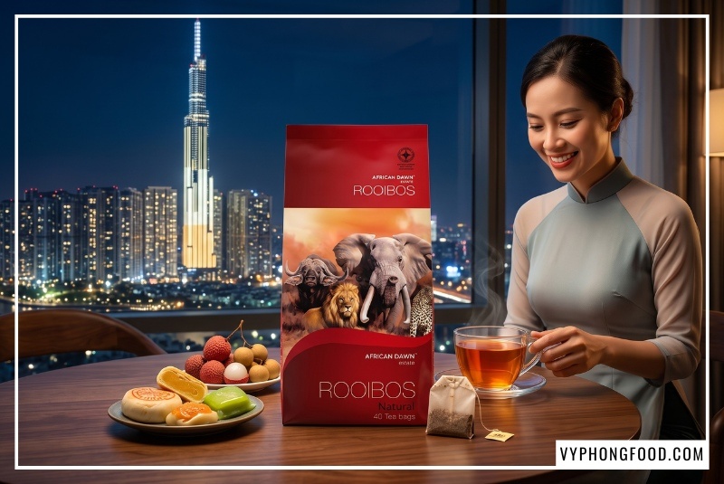Tách hồng trà Rooibos Nam Phi màu hổ phách bốc khói ấm áp bên cạnh bao bì sản phẩm African Dawn, gợi ý cách pha trà rooibos lá rời giá sỉ thanh mát, tốt cho sức khỏe cả gia đình được vyphongfood.com phân phối.