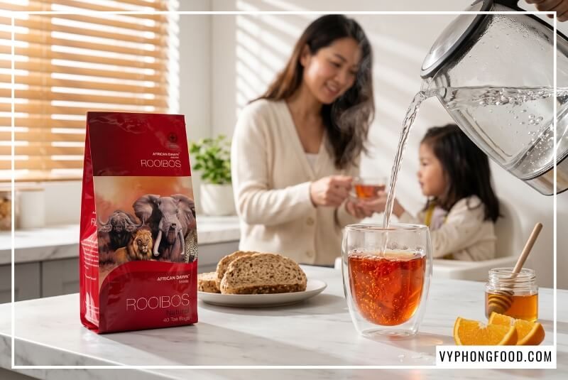 Hộp trà African Dawn và ly nước đỏ hổ phách cho thấy tác dụng của trà rooibos Nam Phi trên bàn bếp.