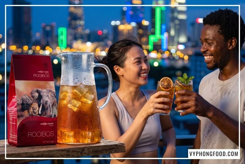 Bình cold brew đọng nước thể hiện tác dụng của trà rooibos Nam Phi giúp giải khát và thư giãn đêm.