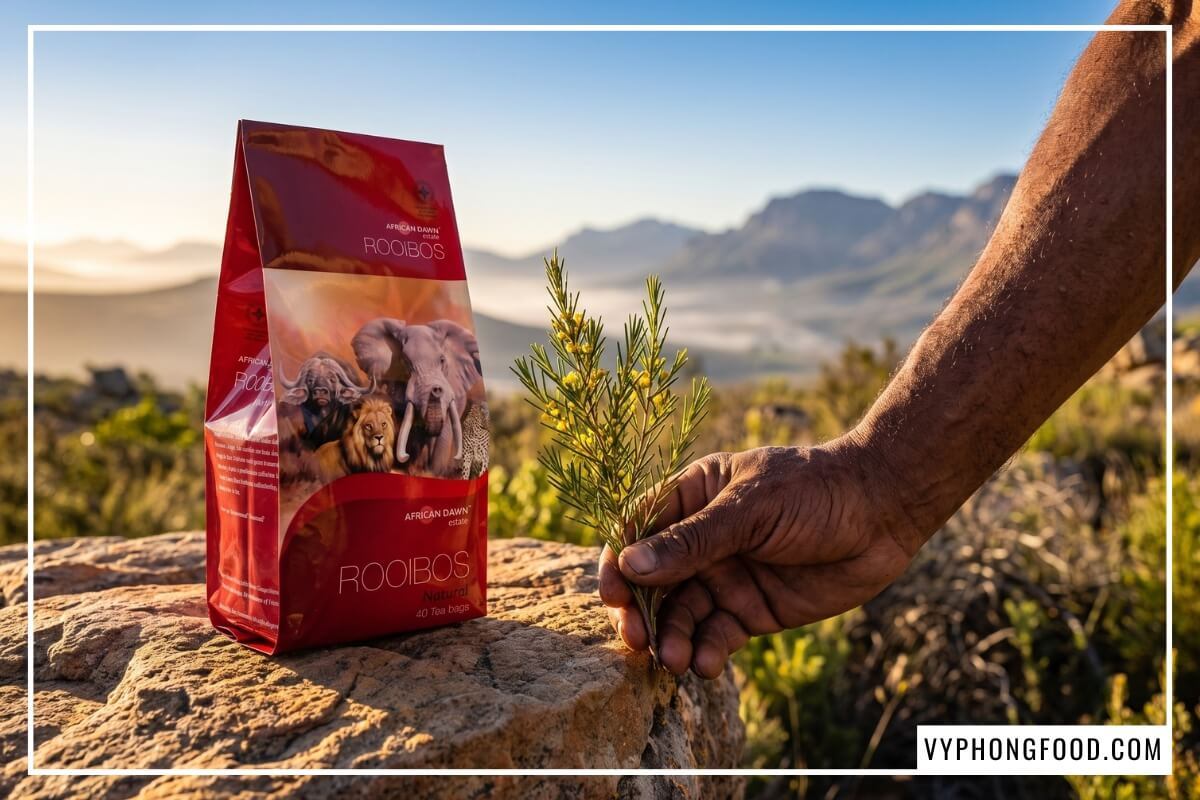 Gói trà rooibos túi lọc cho người tiểu đường đặt trên mỏm đá Cederberg đón ánh nắng rực rỡ