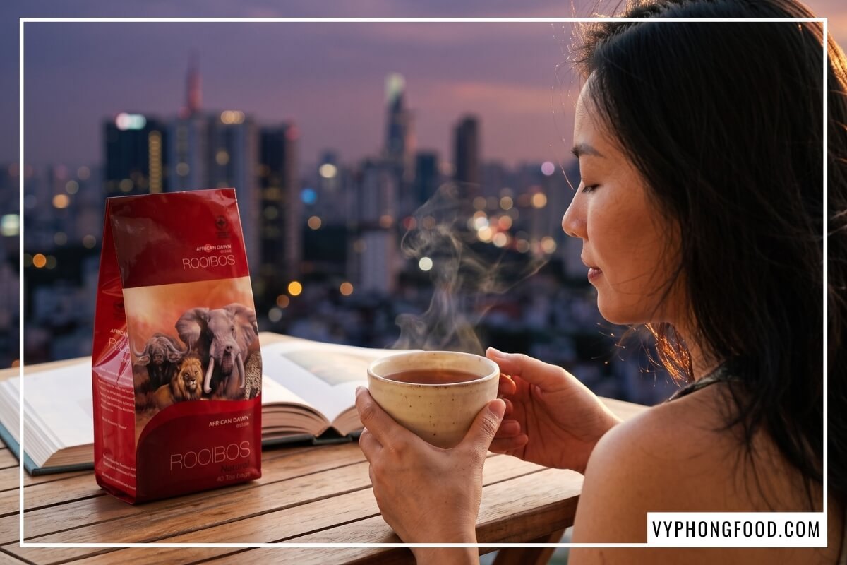 Người phụ nữ cầm tách trà rooibos túi lọc cho người tiểu đường bên ban công chiều ấm áp