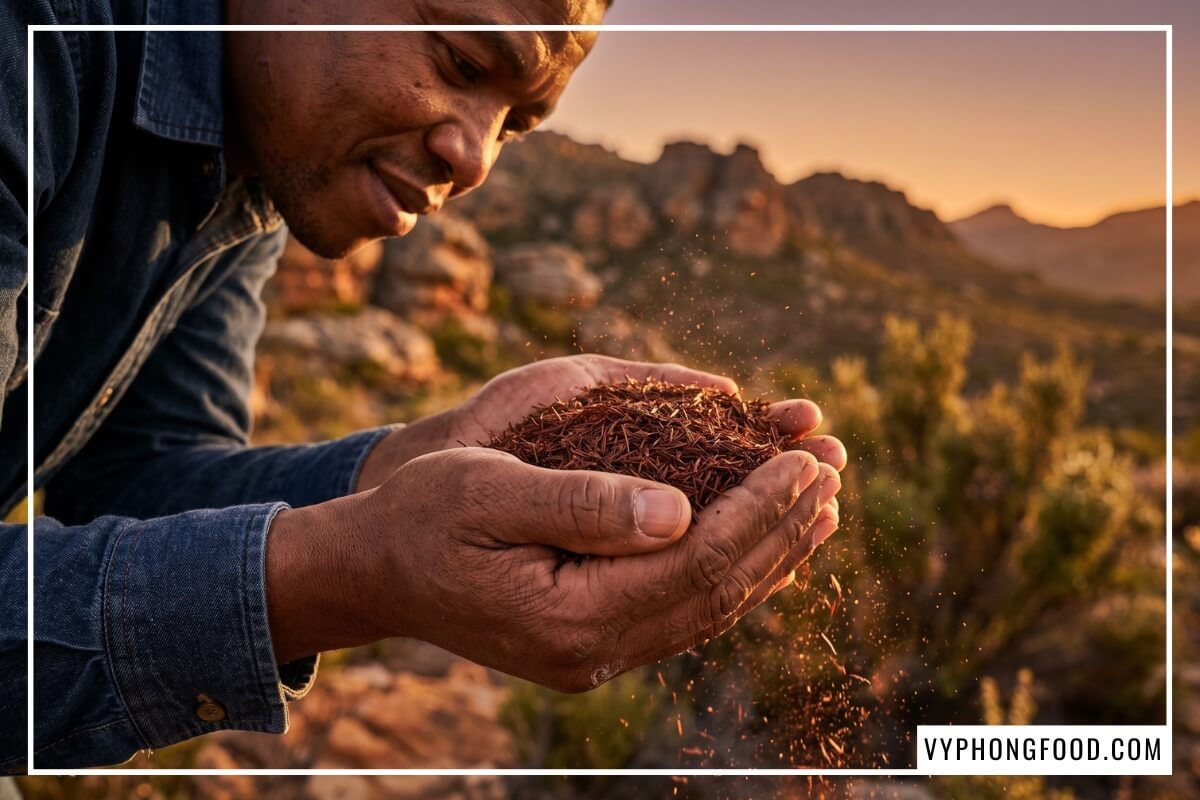 Bàn tay chuyên gia bản địa nâng vốc lá kim hồng trà rooibos Nam Phi đỏ nâu giòn rụm dưới nắng chiều Cederberg