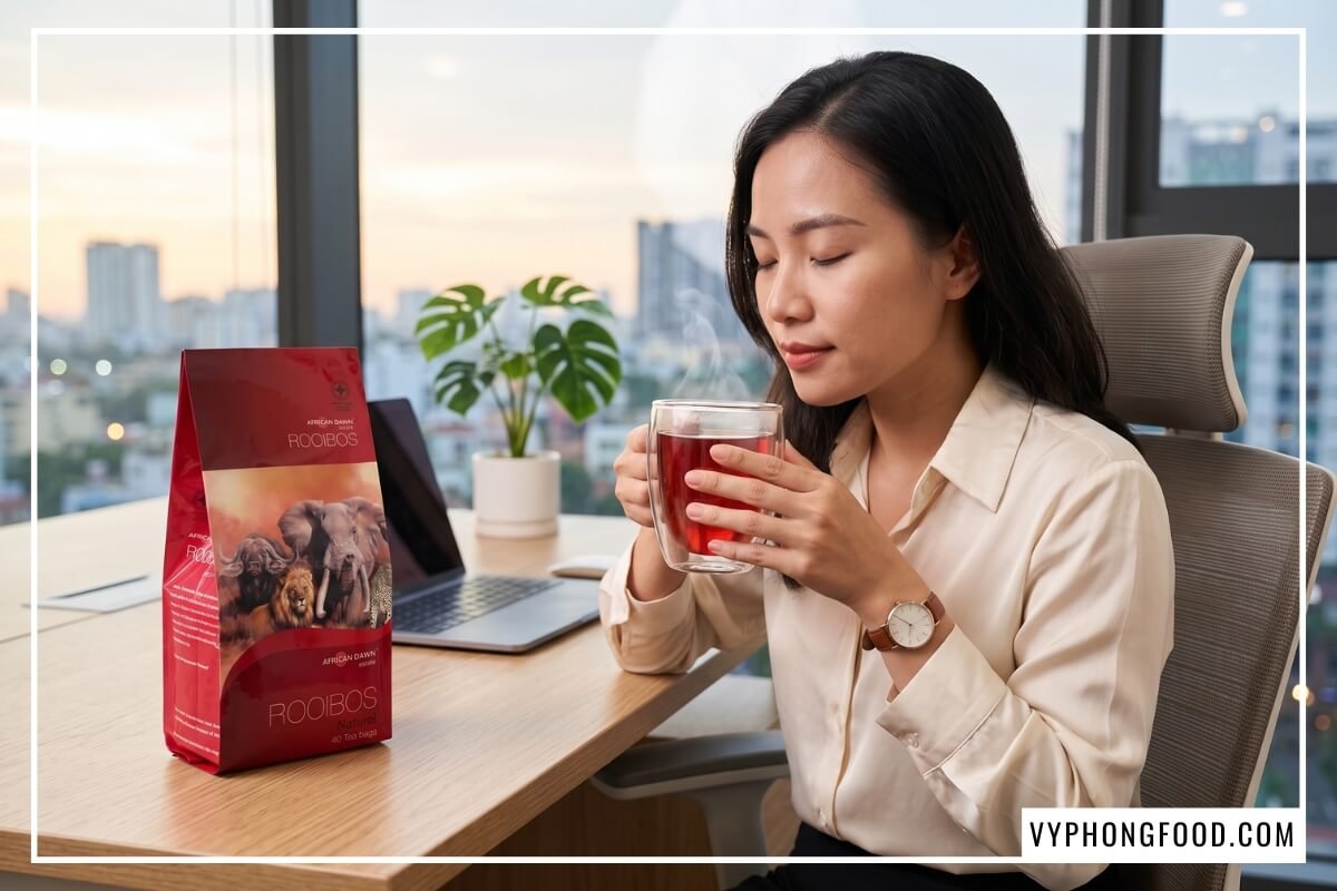 Nữ nhân viên văn phòng thư giãn bên ly trà đỏ ruby và gói hồng trà rooibos Nam Phi giá tốt chính hãng African Dawn.
