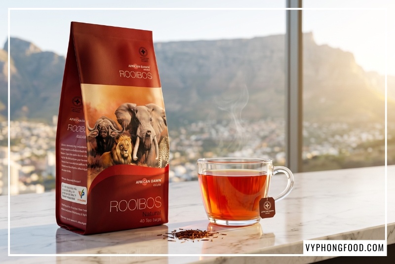 Gói trà rooibos nguyên liệu African Dawn đặt trên quầy bar cẩm thạch bên tách trà đỏ hổ phách tỏa hơi nhẹ