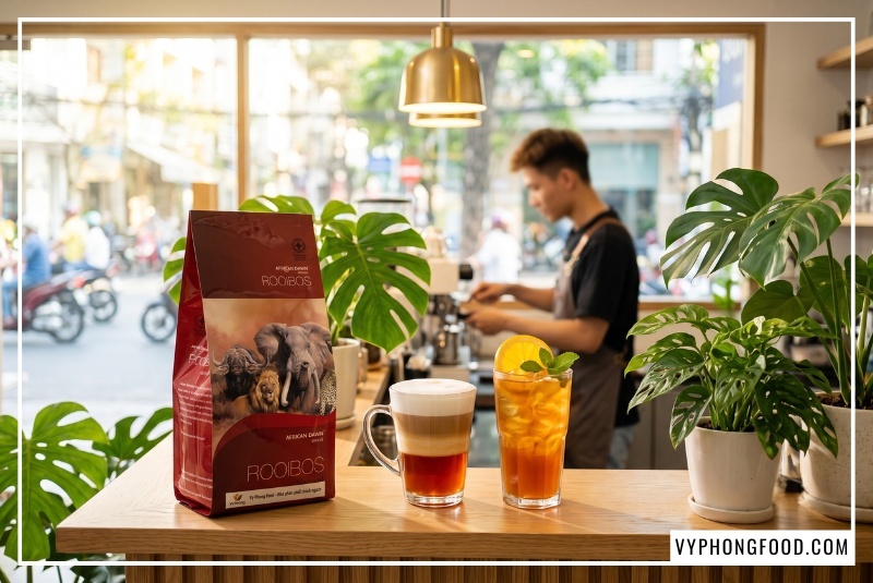 Quầy bar hiện đại trưng bày gói trà rooibos nguyên liệu cùng ly trà sữa latte phân tầng béo ngậy.