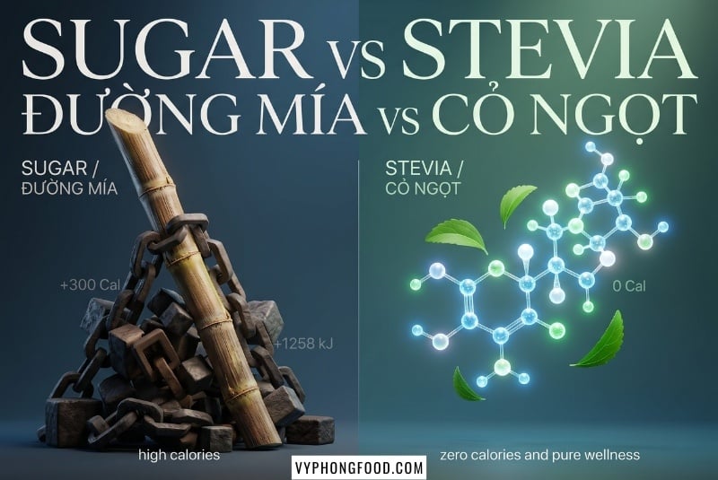 Trực quan hóa câu hỏi cây cỏ ngọt có tác dụng gì với hình ảnh lá stevia tự nhiên và lon đường cỏ ngọt hữu cơ Sugarless cao cấp không calo, hỗ trợ hiệu quả cho người tiểu đường và chế độ ăn Keto.