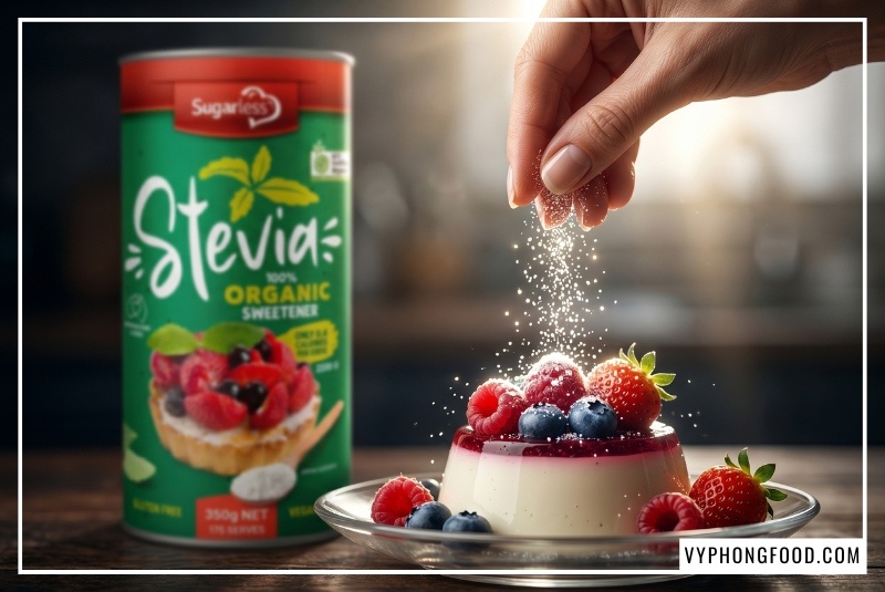 Trực quan hóa câu hỏi cây cỏ ngọt có tác dụng gì với hình ảnh lá stevia tự nhiên và lon đường cỏ ngọt hữu cơ Sugarless cao cấp không calo, hỗ trợ hiệu quả cho người tiểu đường và chế độ ăn Keto.
