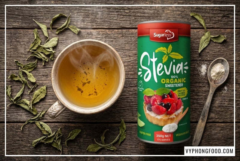 Trực quan hóa câu hỏi cây cỏ ngọt có tác dụng gì với hình ảnh lá stevia tự nhiên và lon đường cỏ ngọt hữu cơ Sugarless cao cấp không calo, hỗ trợ hiệu quả cho người tiểu đường và chế độ ăn Keto.