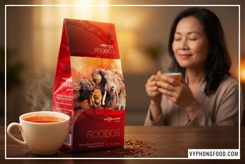 African Dawn packaging rests beside warm South African rooibos tea in Vietnam as a woman relaxes at home.
