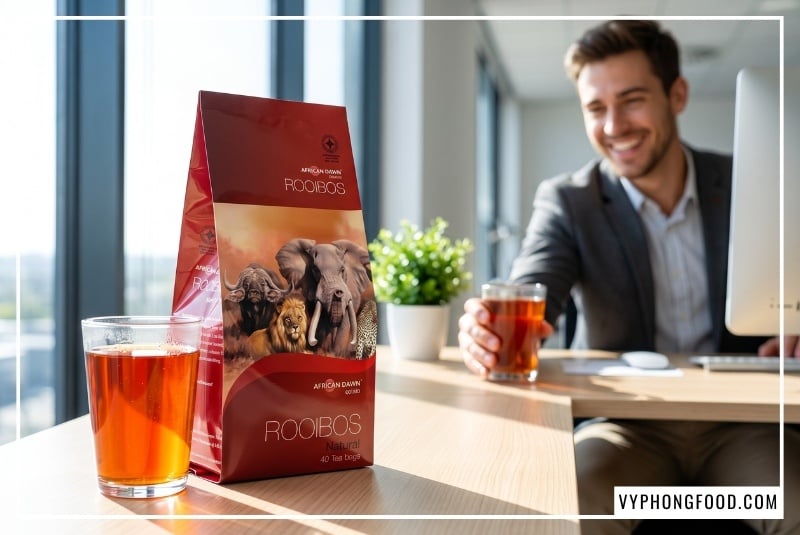 Glass of iced South African rooibos tea in Vietnam sits near official tea packaging on a bright office desk.