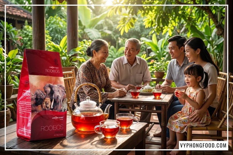 Three generations gather outdoors drinking authentic South African rooibos tea in Vietnam on a sunny afternoon.